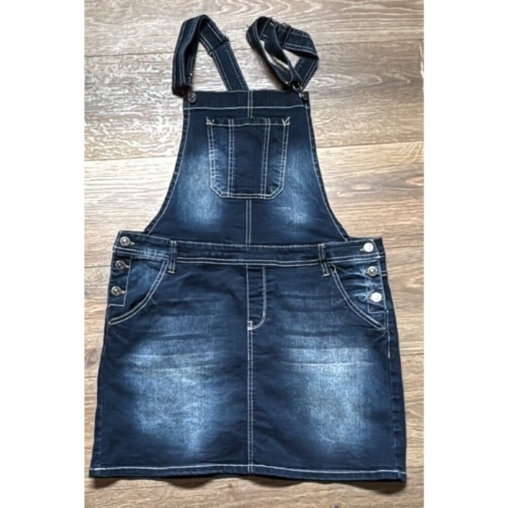 Wallflower Bib Mini Skirt Adjustable Straps Dark Wash Distressed Women's 37x15.5
